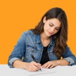 student writing concise academic sentences