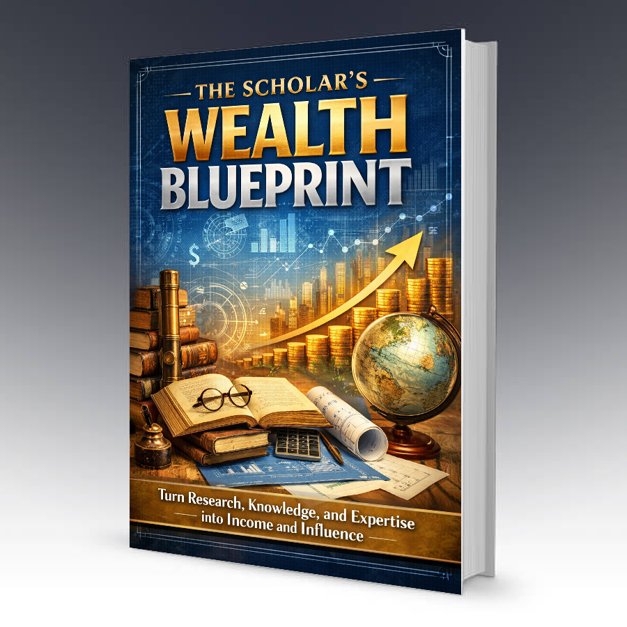 THE SCHOLAR’S WEALTH BLUEPRINT is a practical, step-by-step guide for academics, researchers, and knowledge professionals who want to transform their intellectual capital into sustainable income and meaningful influence.